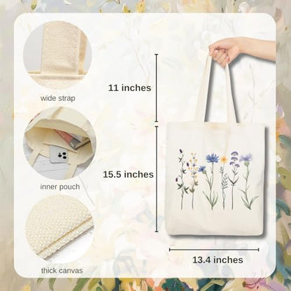 Aesthetic Canvas Tote Bag for Women with Inner Pocket - color: Flower-blue