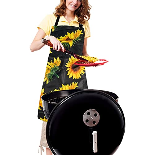 Adjustable Waterproof Apron Bib Apron with 2 Pockets Cooking Kitchen Aprons for Women Men Chef - color: Sunflowers