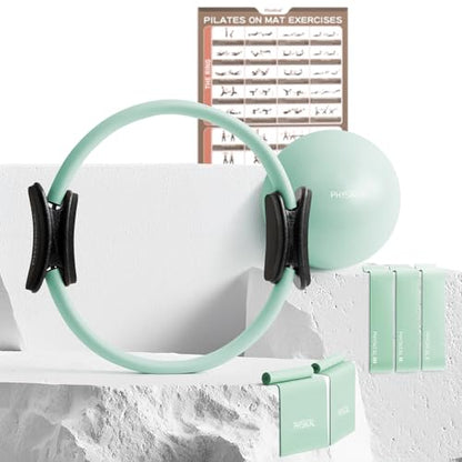 PhysKcal Pilates Kit, 15-Inch Pilates Ring with 1x Pilates Ball & 5X Bands | Aesthetic Home Pilates Equipment Set, Essential Kit for Beginners in Minimalist Style. Comes in Premium Packaging - color: Mint