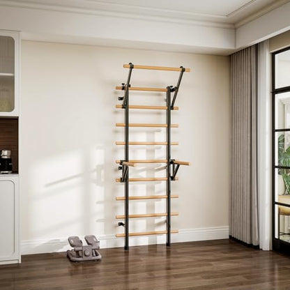 DHT Wood Stall Bar, Swedish Ladder Suspension Trainer with 9 Strategic Rods, for Home, Gym, School and Clinics, Black - color: DW-S