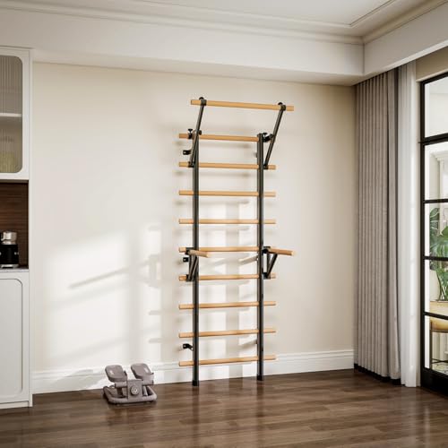 DHT Wood Stall Bar, Swedish Ladder Suspension Trainer with 9 Strategic Rods, for Home, Gym, School and Clinics, Black - color: WA1-D