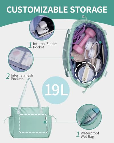 sportsnew Yoga Mat Bag Waterproof Tote Gym Bag Mat Carrier W/Wet Pocket | hook-and-loop mat holder 5s quick access, 40oz handled bottle pocket, wet bag, lightweight waterproof, drawstring pockets,19L - color: Mint Green