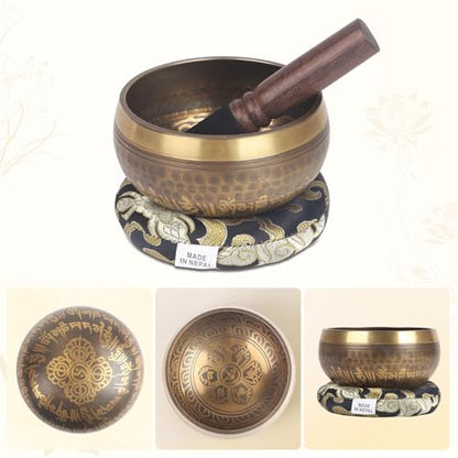 Kmise Tibetan Singing Bowls Set- Handmade in Nepal Meditation Sound Bowls for Yoga, Meditation, Mindfulness, Healing and Chakra Balancing, Stress Relief (4', Brown) - color: 4inch Brown