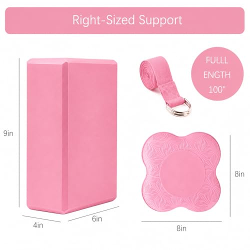2 Yoga Blocks Supportive Accessories including 2 Knee Pads, 2 With Strap To Put Less Weight On Wrists, 1 Muscle Massage Roller, 2 Pair of Non-Slip Pilates Socks, 1 GYM Bag, Durable Versatile Yoga Brick Exercise Set of 10 - color: Pink
