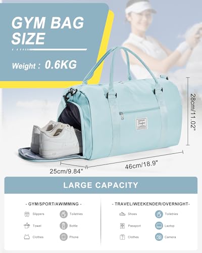 Gym Bags Womens Mens with Shoes Compartment and Wet Pocket Travel Duffel Bag for Women for Plane Sport Gym Tote Bags Swimming YogaSmall Waterproof Weekend Overnight Bag Carry on Bag Hospital Holdalls - color: A1-Light Blue