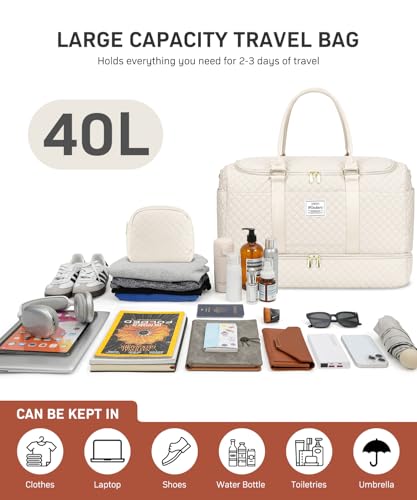 WINDARS Travel Duffle Bag, Weekender Bags for Women with Shoe Compartment, Overnight Bag with Toiletry Bag, Carry On Duffel Bags For Airplanes, Yoga Gym Duffel Bag, Beige - color: Beige