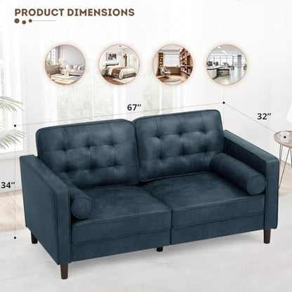 67" Suede Leather 2 Seater Sofa with Two Bolster Pillows, Blue - color: Blue, size: 67" Loveseat