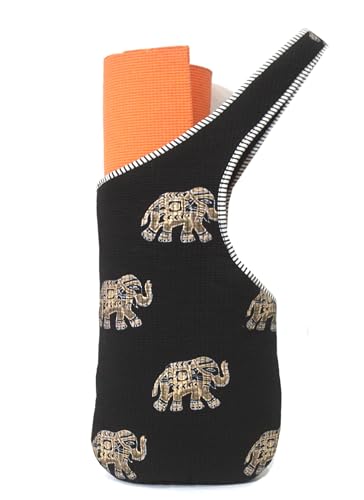 INDIAN CRAFT CASTLE Yoga Mat Bag | Tote Mat Bag | Sling Yoga Tote w/Large Side Pocket & Zipper Pocket | Yoga Mat Carrier Fits Most Size Mats - color: Black & Brown