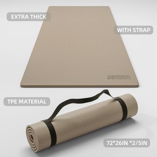 TPE Yoga Mat 72"x26"x0.4" Thick Non Slip Exercise Fitness Mat - color: Brown