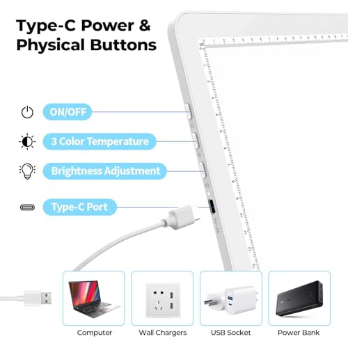 Heanolier A3 Artist tracing Light Box Copy Table,(18.2" L x 13.4" W) Super Bright Magnetic Light Pad with Side Buttons,USB-C Power Dimmerable Light Board for Diamond Painting,Drawing,Sketching(White) - color: White, size: A3 without Bag