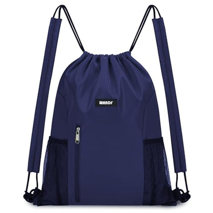WANDF Drawstring Backpack, Gym String Bag with Shoulder Pad - color: M, Navy Blue, size: Medium