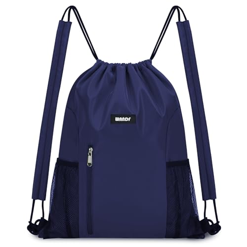 WANDF Drawstring Backpack, Gym String Bag with Shoulder Pad - color: M, Navy Blue, size: Medium