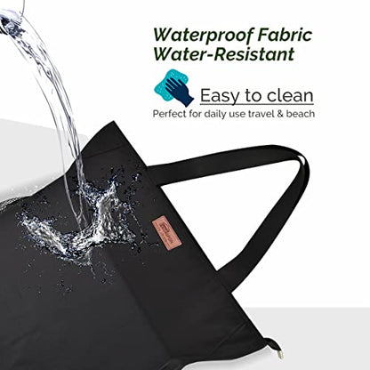 Buringer Large Waterproof Beach Bag for Women Sandproof Tote Bag with Zipper and Pockets Pool Bag for Travel Gym Vacation - color: Black
