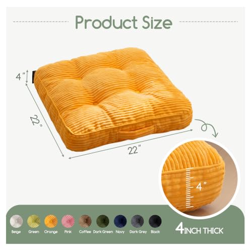 HIGOGOGO Floor Pillow Cushion for Adults, Meditation Cushion Pillow, Large Square Floor Sitting, Tufted Corduroy Cover, for Tatami Living Room or Yoga, 22x22 Inch, 2Pack, Orange - color: Square Orange, size: 4" Thick(Pack of 2)
