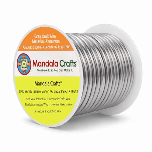 Mandala Crafts 8 Gauge Gray Anodized Aluminum Craft Wire, 32 FT | Colored, Flexible, Bendable, for Bonsai, Armature, Sculpting, Wire Wrapping, Jewelry Making, Weather & Tarnish Resistant - color: Gray, size: 8 Gauge