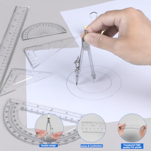 Coopay 7 Pcs Geometry Kit with Ruler, Triangle Ruler, Protractor and Compass Set | 12'' & 6'' Straight Rulers, 45°/60°Triangle Ruler, 6" & 4" Protractors, Compass, Geometry, Drafting, Math, School, Office - size: 7 Pcs set