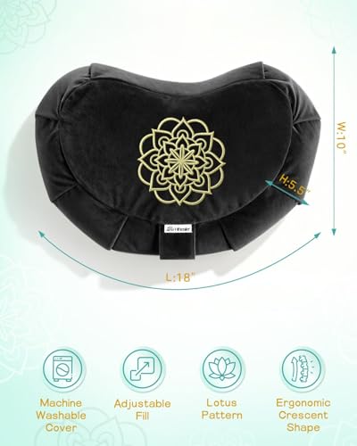Hihealer Premium Crescent Meditation Cushion, Buckwheat Yoga Bolster Pillow - color: Black