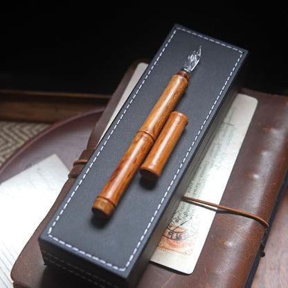 SeventyTwo Handmade Glass Dip Pen with Wood Handle, Fine Point Writing Instrument with Display Case (Brown) - color: Brown