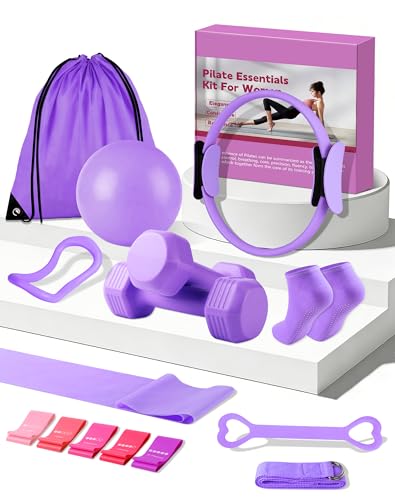 13/15Pcs Pilates Kit for Women, Pilates Equipment for Home Workouts with Magic Circle, Ball, Resistance Bands, Pilates Starter Set for Strength, Toning and Flexibility - color: Purple-15PCS