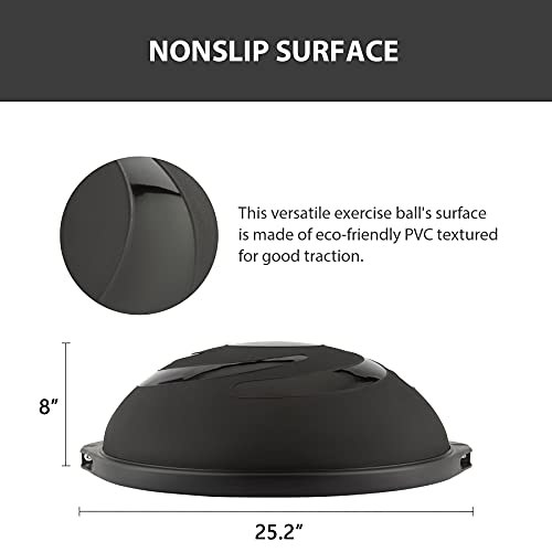 ZELUS 25in. Balance Ball | 660lb Inflatable Half Exercise Ball Wobble Board Balance Trainer w Nonslip Base | Half Yoga Ball Strength Training Equipment w 2 Bands, Pump, Extra Ball Included - color: Black