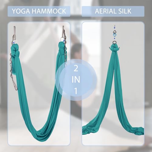 5.5 Yards Aerial Silks Yoga Swing Set - Aerial Yoga Hammock Kit Anti-Gravity Flying for Fitness, Low/Non Stretch Nylon Tricot Fabric Hardware Included for Dance - color: PETROL