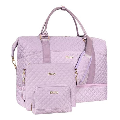 Weekender Bag, Large Travel Duffel Bag for Women, Carry on Overnight Bag with Shoe Compartment and Toiletry Bags - color: L-3PCS Cute Pink