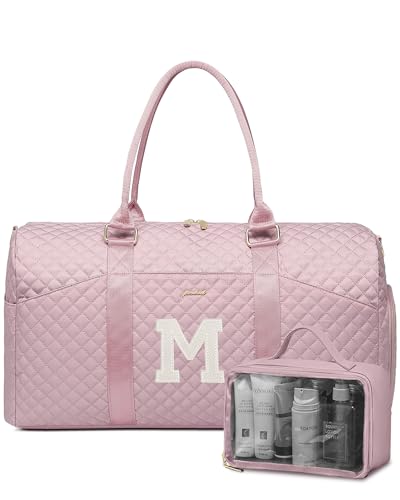 Women Weekender Travel Duffle Bag: Initial Duffel Overnight Bags with Shoe Compartment Large Carry on Tote with Toiletry Bag Weekend Traveling Yoga Gym Hospital Bag for Women with Wet Pocket Letter M - color: 18-Pink Letter M, size: Large