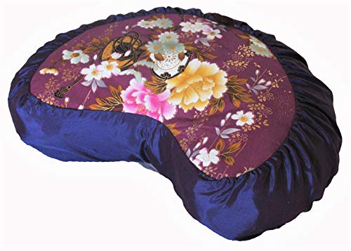 Meditation Cushion Crescent Zafu Pillow Japanese Kimono Silk Purple Peony - color: Purple Peony