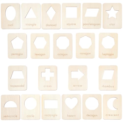 BENECREAT 21 Shapes Wood Geometry Stencils, 3.5x2.7 Inch Reusable Drawing Stencil Template Tool Set for Chalk Paintings and Acrylic Paintings, Wood Stencils for DIY Crafts, Shape Recognition Card