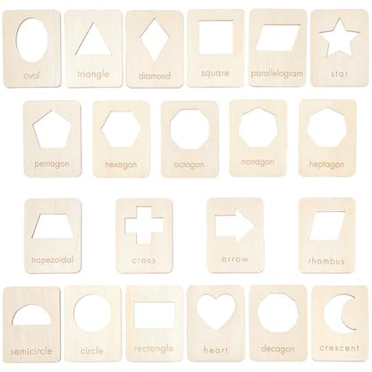 BENECREAT 21 Shapes Wood Geometry Stencils, 3.5x2.7 Inch Reusable Drawing Stencil Template Tool Set for Chalk Paintings and Acrylic Paintings, Wood Stencils for DIY Crafts, Shape Recognition Card