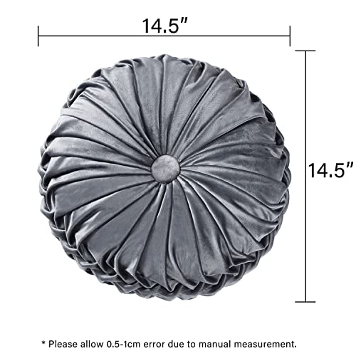 HIG Set of 2 Dark Gray Velvet Decorative Round Pleated Throw Pillows - color: Dark Gray