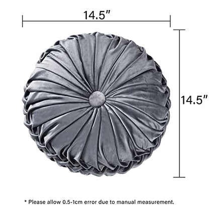 HIG Set of 2 Dark Gray Velvet Decorative Round Pleated Throw Pillows - color: Dark Gray