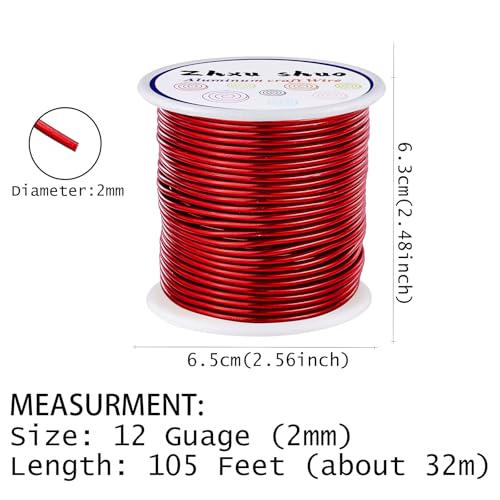 12 Gauge(2mm) Aluminum Wire 35 Yards Anodized Metal Wire for Bonsai Armature Crafting Sculpting Jewelry Craft Making Beading Floral (Red, 12 Gauge) - color: Red
