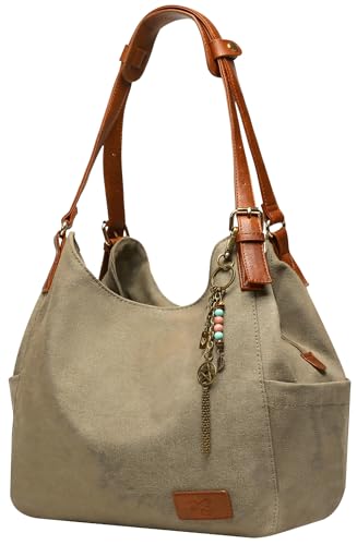 Worldlyda Women Canvas Hobo Purse Multi Pocket Tote Shopper Shoulder Bag Casual Top Handle handbag with Embroidery Ethnic - color: Be06army Green