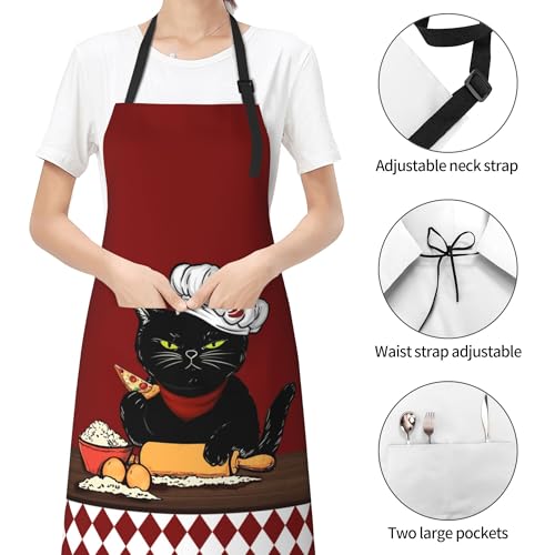 Art Apron with Pocket for Women Men | Kitchen Aprons Chef Apron for Cooking Baking BBQ Painting Gardening - color: Black Cat With Pizza