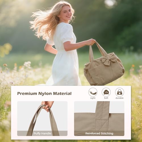 Gosect Women’s Crush Bow Puffer Tote Bag, Water Resistant Laptop Travel Yoga Work Bag - color: Khaki
