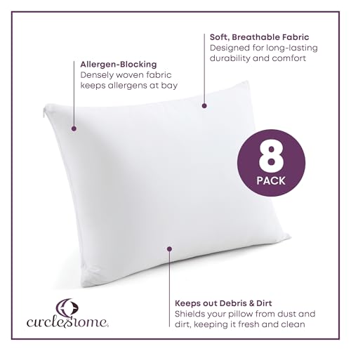 CirclesHome Pillow Protectors 8 Pack Standard Zippered - 100% Cotton Breathable Pillowcases - Protects Pillows from Dirt, Dust and Debris (Standard - Set of 8 - 20x26) - color: 1 - White, size: Standard (20 x 26 inches) - Set of 8