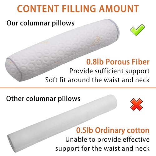 Cylindrical Pillow、 Fillable Porous Fiber Contour Neck Pillow、 (Pack of 2, White Jacquard) 18 x 4 inches、Bolster Pillow for Bed、Legs, Back and Yoga (18x4)