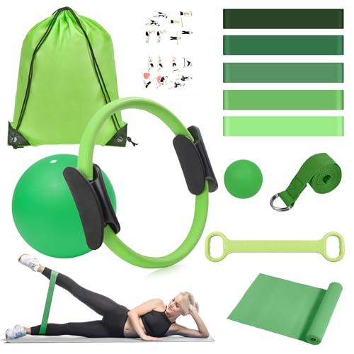HASHMUST Pilates Ring Kit 12 PCS for Women, Home Workout Equipment with Magic Circle, Mini Exercise Ball, Resistance Bands, Massage Lacrosse, Yoga Strap, Full-Body Fitness Set for Toning & Gift - color: Green