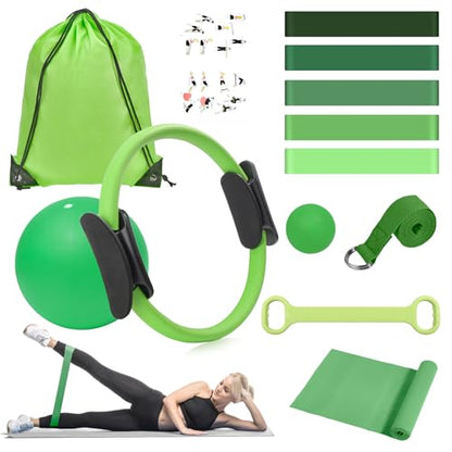 HASHMUST Pilates Ring Kit 12 PCS for Women, Home Workout Equipment with Magic Circle, Mini Exercise Ball, Resistance Bands, Massage Lacrosse, Yoga Strap, Full-Body Fitness Set for Toning & Gift - color: Green