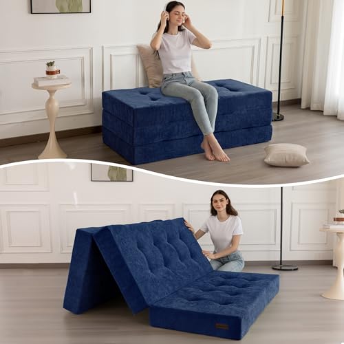 MAXYOYO 6" Folding Sofa Bed for Floor, Tufted Tri-Fold Floor Mattress | Full Size Portable Sofa Couch Guest Mat with Chenille Fabric for Adults, Foldable Topper for Camping, Navy, Full - color: Navy, size: Full