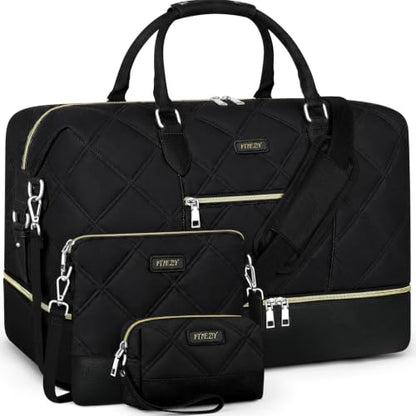 ITIEZY Weekender Bag for Women 21.5" Travel Duffel Large Carry On Bag 3PCS | Nylon Duffel Bag with Waterproof Shoe Compartment, Crossbody Bag and Toiletry Bag, Travel Weekend Hospital Overnight Gym Bag - color: 8c-Black