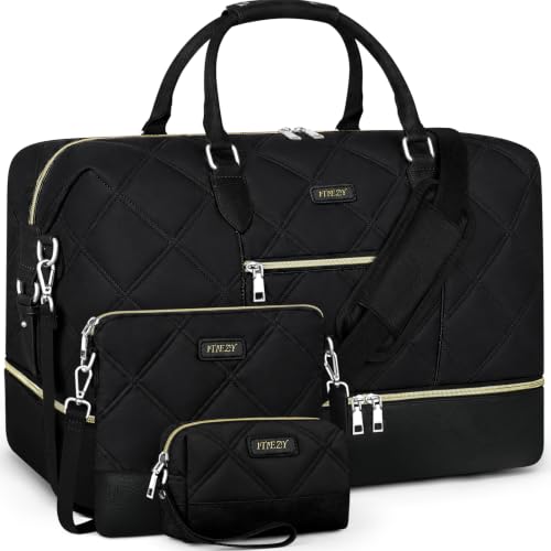 ITIEZY Weekender Bag for Women 21.5" Travel Duffel Large Carry On Bag 3PCS | Nylon Duffel Bag with Waterproof Shoe Compartment, Crossbody Bag and Toiletry Bag, Travel Weekend Hospital Overnight Gym Bag - color: 8c-Black