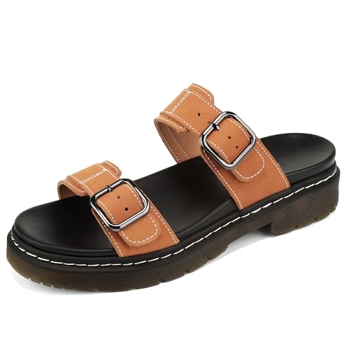 Women's Genuine Leather Platform Wedge Sandals, Double Adjustable Buckles, Comfortable Arch Support, Slip Resistant Casual Summer Slides for Daily Wear Travel Beach - color: Tan, size: 7