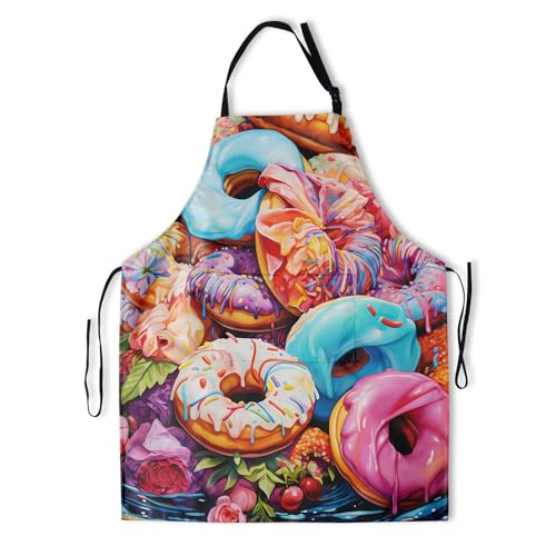 Artist Painting Apron with 2 Pockets Painters Art Aprons Gifts for Women Men - color: Colorful Donuts With Flowers