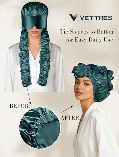Satin Bonnet for Sleeping with Eye Mask，No Slip Sleep Bonnet with Long Curling Ribbons for Braids & Long Hair - color: Green