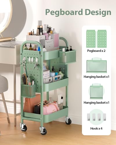 ALVOROG 3 Tier Metal Rolling Utility Cart with Pegboards,Baskets,Hook,Green | More Storage Craft Cart with Pegboards,Lockable Wheels,Hooks & Baskets to Organize Kitchen,Office,Bedroom and DIY Supplies - color: Green