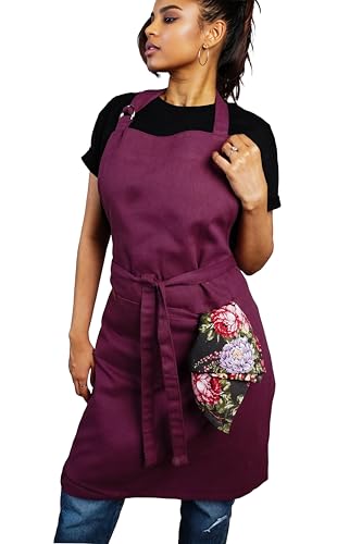 100% Cotton Kitchen Apron with 2 Pockets – Adjustable Chef Apron for Cooking Baking BBQ – Unisex Apron - color: Wine