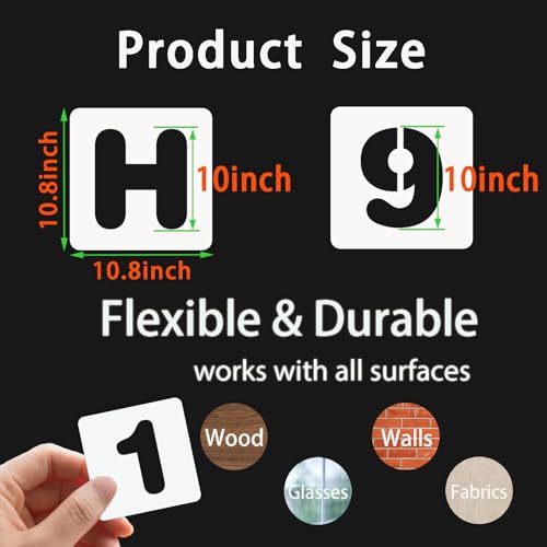 BAMIDELE 10 Inch Letter and Number Stencils, 36 Pcs Reusable Plastic Alphabet Spray Paint Stencils for Painting on Wood, Wall, Fabric, Rock, Chalkboard, Door Porch, Signage, DIY Craft Decoration - size: 10 Inch