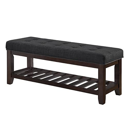 24KF Large Rectangular Upholstered Tufted Linen Ottoman Bench, Padded Bench with Solid Wood Shelf-Dark Gray - color: Dark Gray-bench, size: 16"D x 44"W x 17.5"H